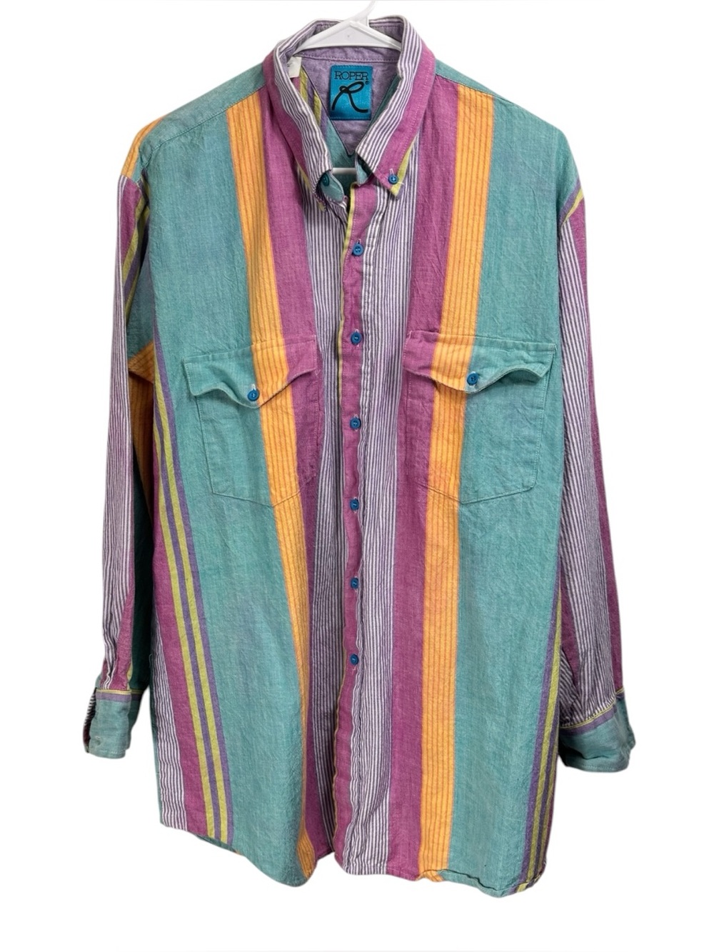 Vintage 80s Roper Western Pastel Striped Button Shirt XL Multicolor Brushpopper